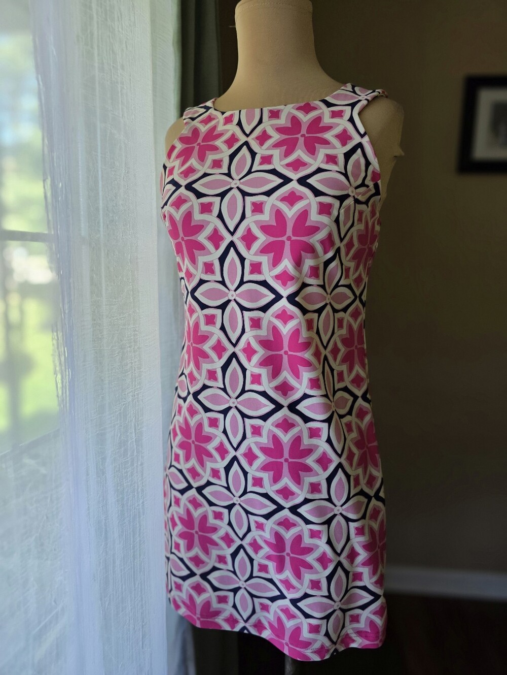 Pink Navy Geometric Mod Shift Mini Dress Sleeveless Stretch Retro Print Aryeh XS